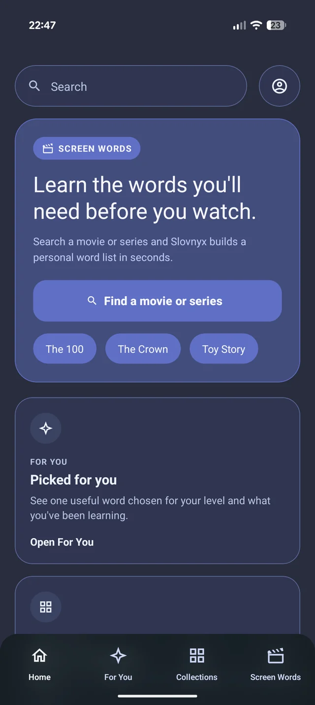 Slovnyx home screen showing Screen Words